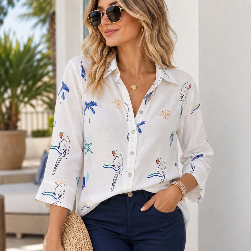 Chicos 100% Linen Tropical Parrot Palm Tree Print Button Front Shirt Size 3.5 18
